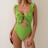 Playful Moderate High Leg Ruffle Cutout Tie Front Brazilian One Piece Swimsuit